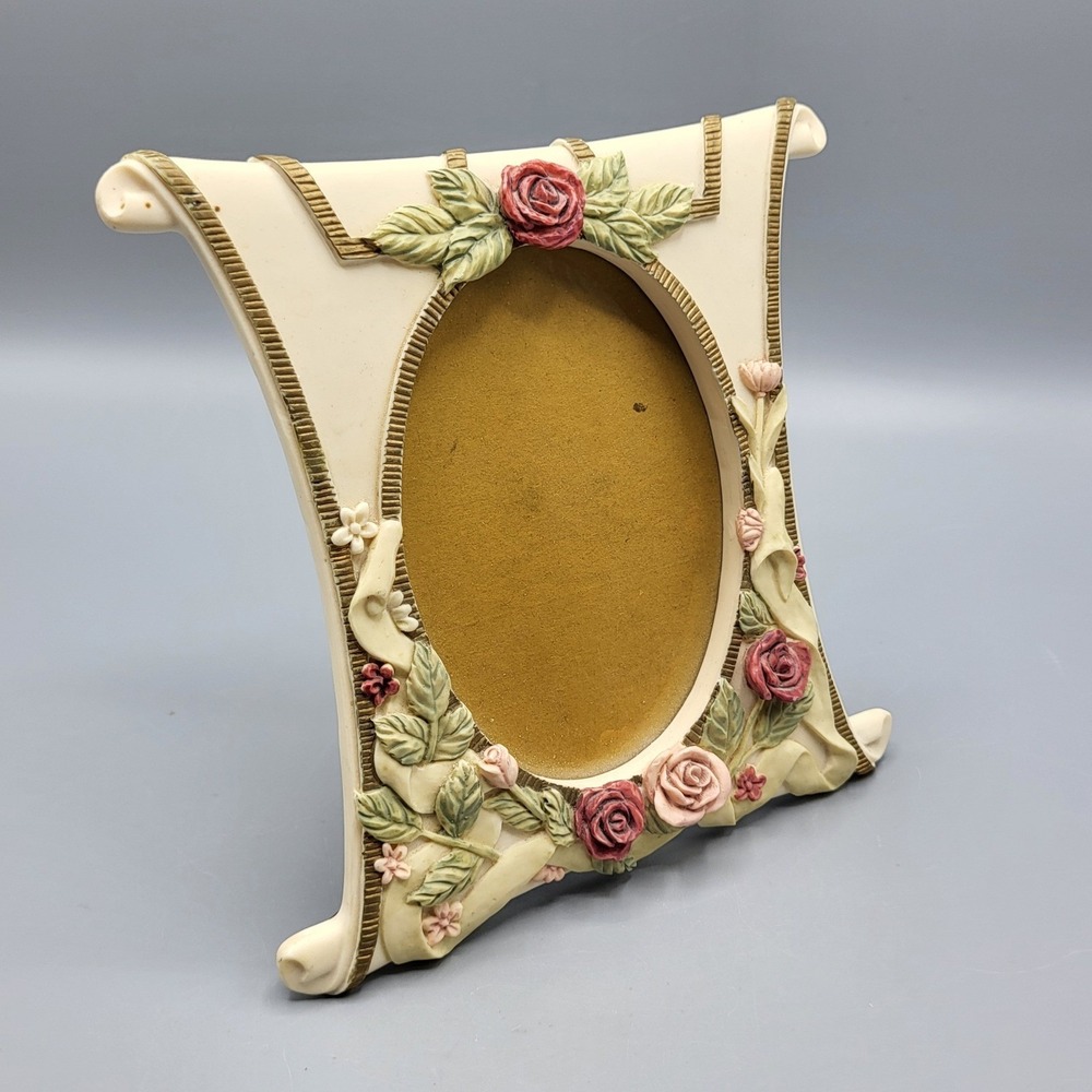 Dezine Picture Frame Vintage 1993 Hand Painted Floral Rose Scroll Cream Gold